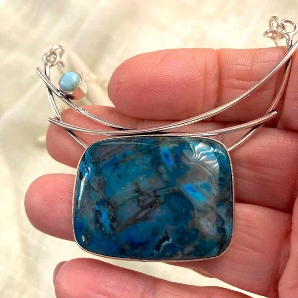 NEW Stick Agate and Larimar, 925 Silver Necklace - Picture 2 of 4